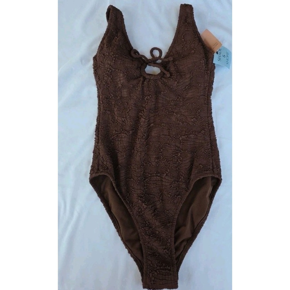 Shade & Shore Swimsuit XL Brown One Piece Textured High Leg Cheeky Keyhole 382